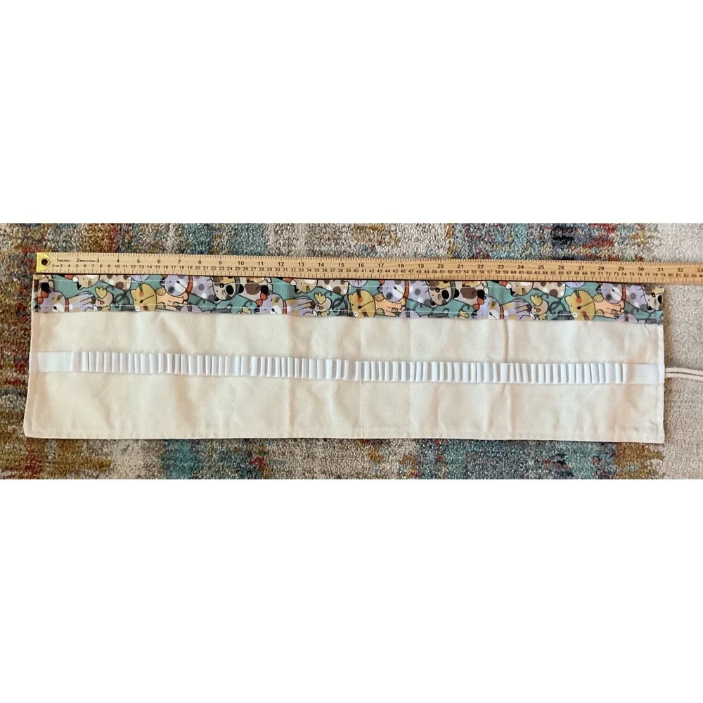 Cat Print Canvas Roll Up Pencil Case‎ Crochet Hook Organizer Teal 72 Slot Pouch